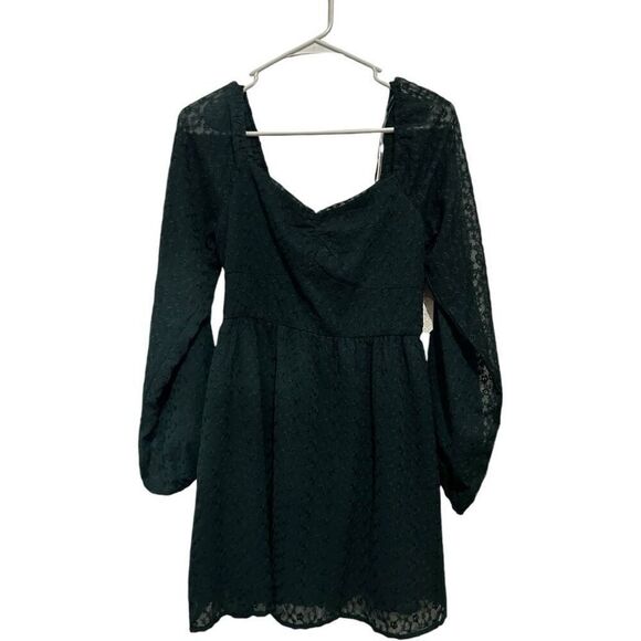 Altar'd State Hunter Green Lace Overlay Mini Dress Size M Puff Bishop Sleeve NWT - Picture 1 of 15